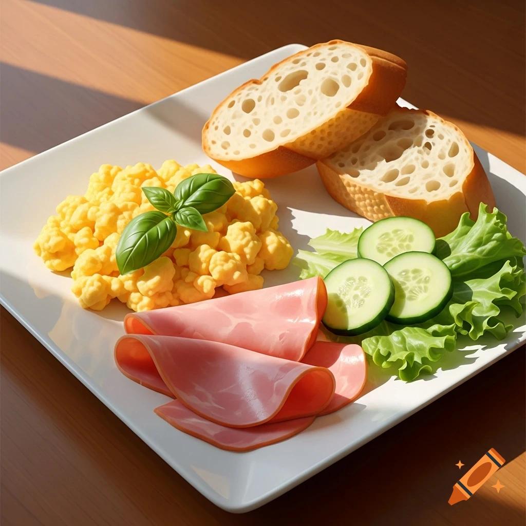 A photorealistic breakfast plate with scrambled eggs, two slices of baguette, folded ham, fresh lettuce, and cucumber slices.