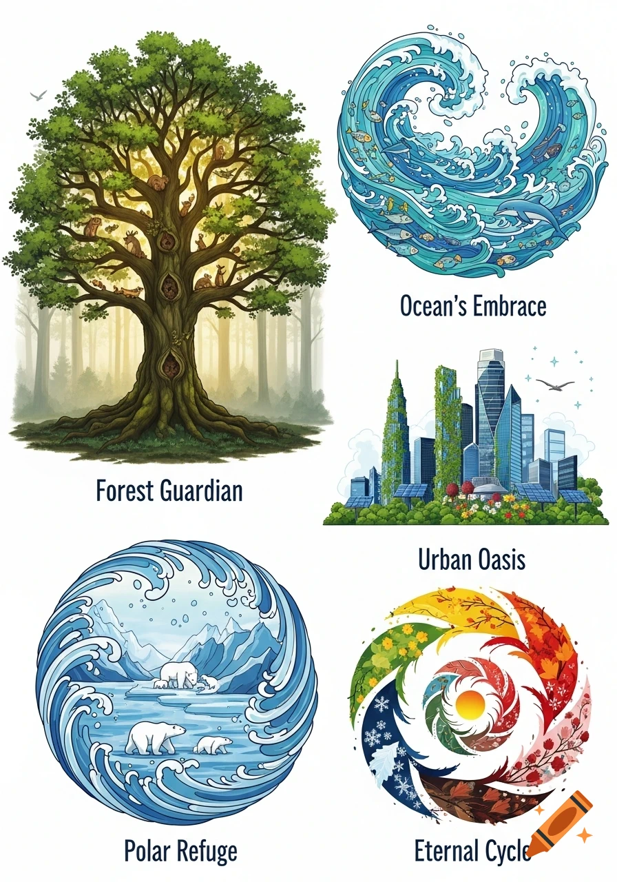 Five stylized illustrations on a white background, depicting 'Forest Guardian' (a large tree with animals), 'Ocean's Embrace' (waves and sea creatures), 'Urban Oasis' (green cityscapes), 'Polar Refuge' (polar bears on ice), and 'Eternal Cycle' (seasons swirling).