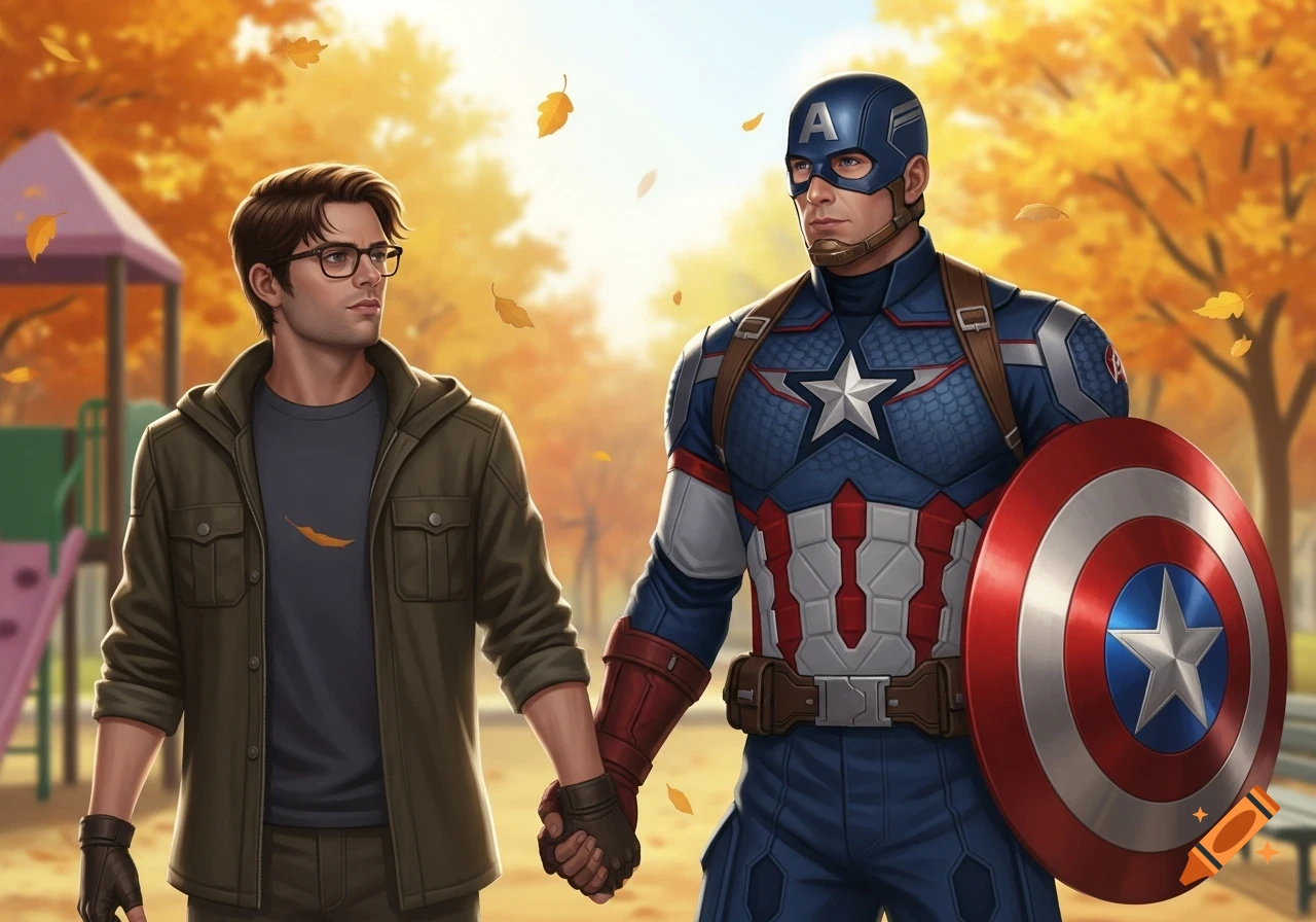 Captain America and a man with glasses hold hands in an autumn park, surrounded by golden leaves, in an illustrated style.