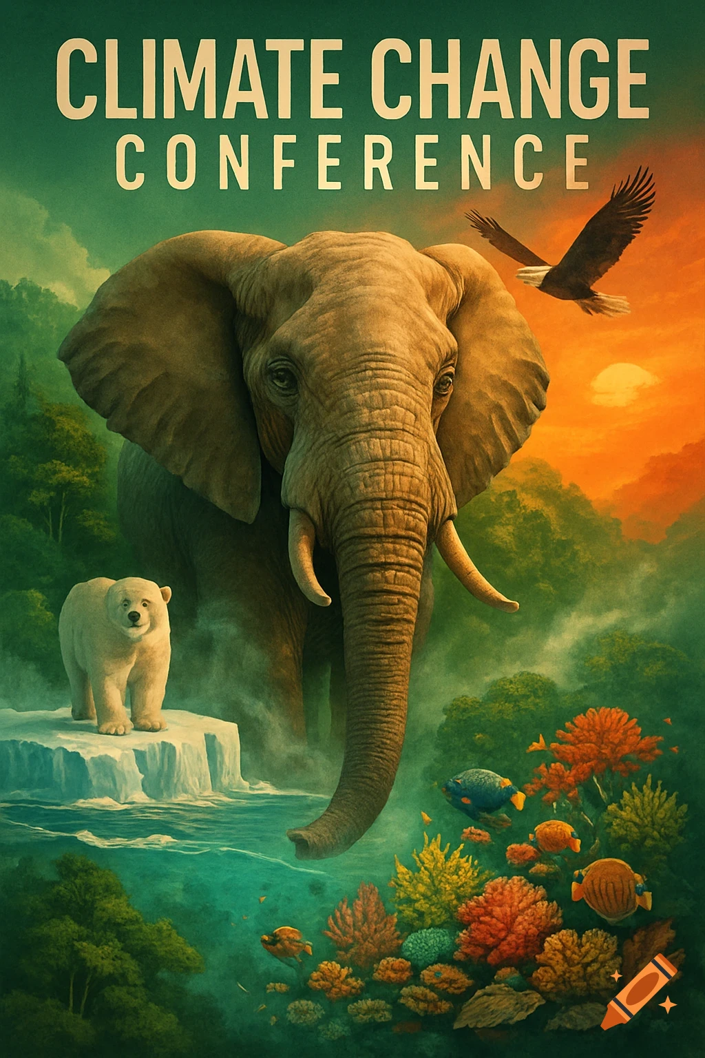 A vibrant poster for a climate change conference features an elephant, a polar bear on an iceberg, an eagle, and colorful coral reefs.