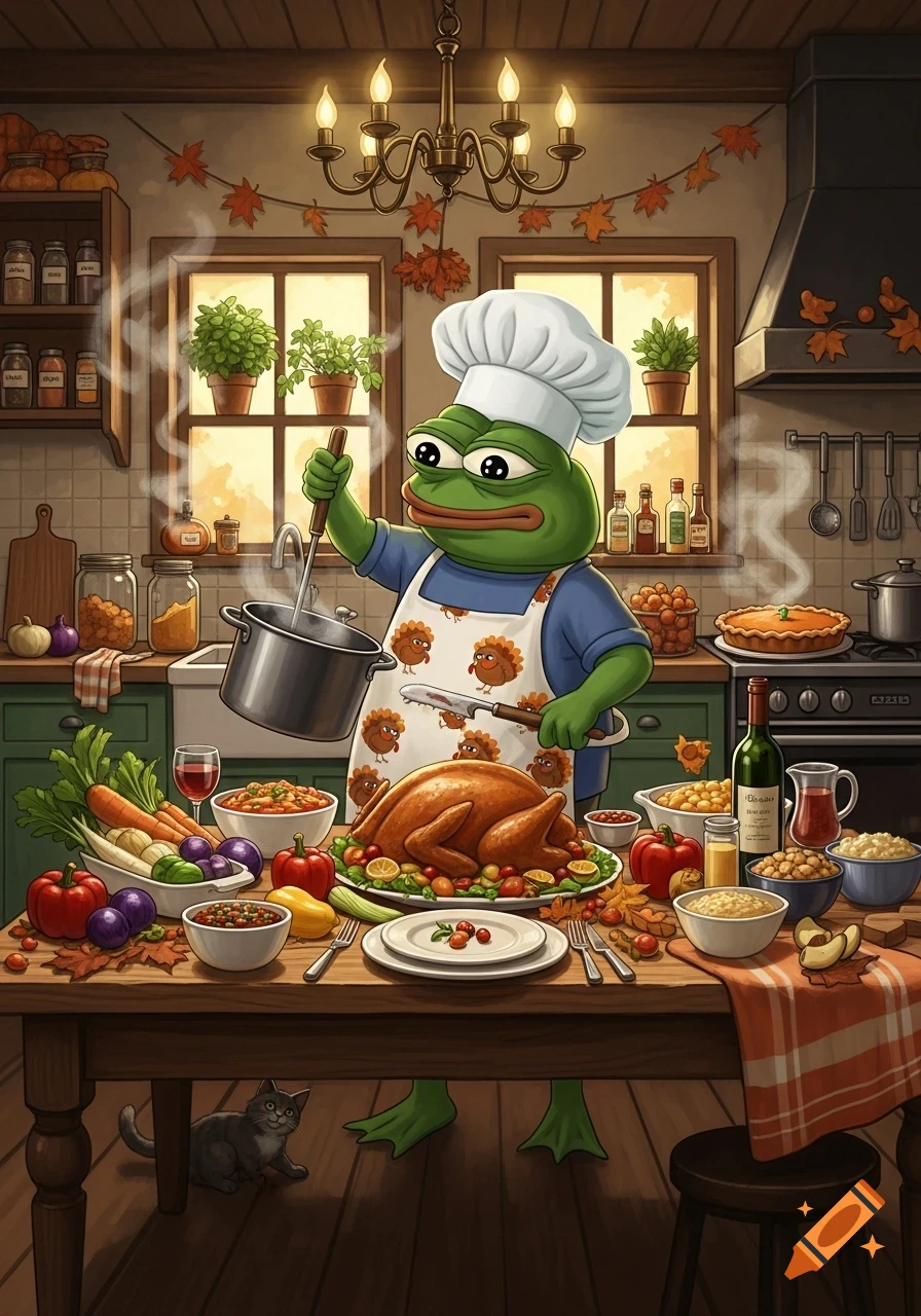 Pepe the frog chef prepares a lavish Thanksgiving dinner in a cozy kitchen with a cat under the table.