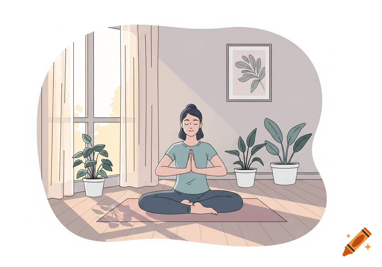 Pastel minimalist illustration of a person doing yoga in a lotus position on a mat near a sunny window with plants.