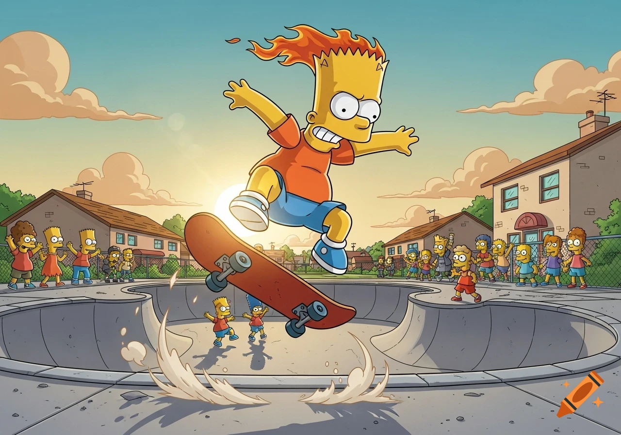 Bart Simpson with fiery hair jumps on a skateboard in a skatepark, watched by other cartoon characters at sunset.