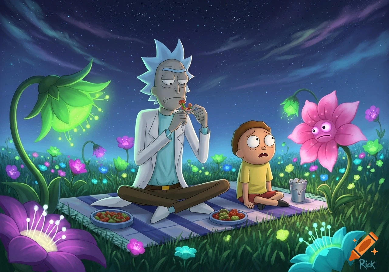 Rick and Morty have a picnic amidst glowing alien flowers under a starry night sky in a cartoon style.