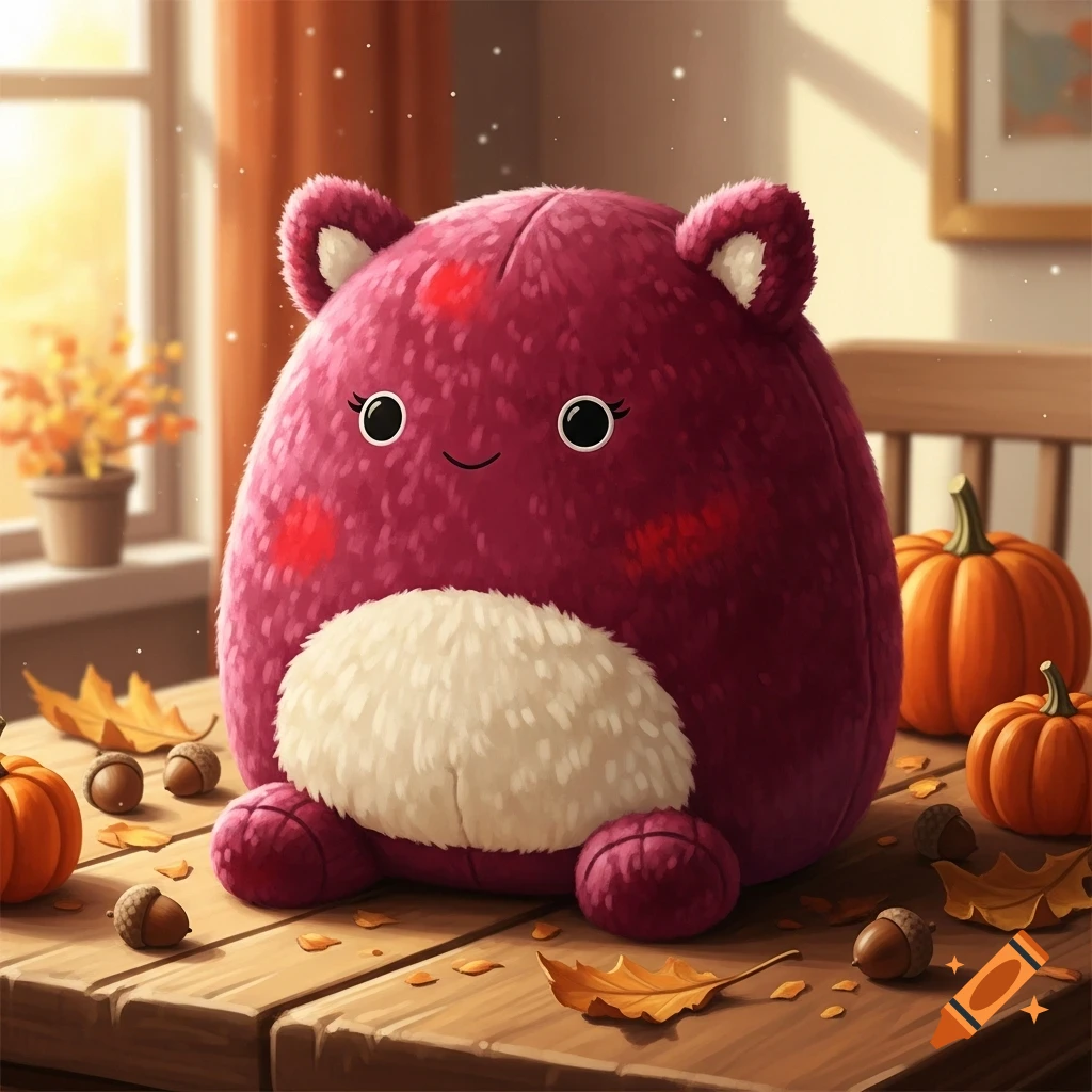 A cute cranberry-colored, round plush toy on a wooden table, surrounded by autumn leaves, acorns, and small pumpkins.