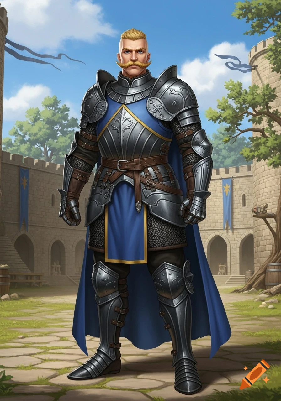 A blonde knight with a distinctive mustache in blue and black armor ...