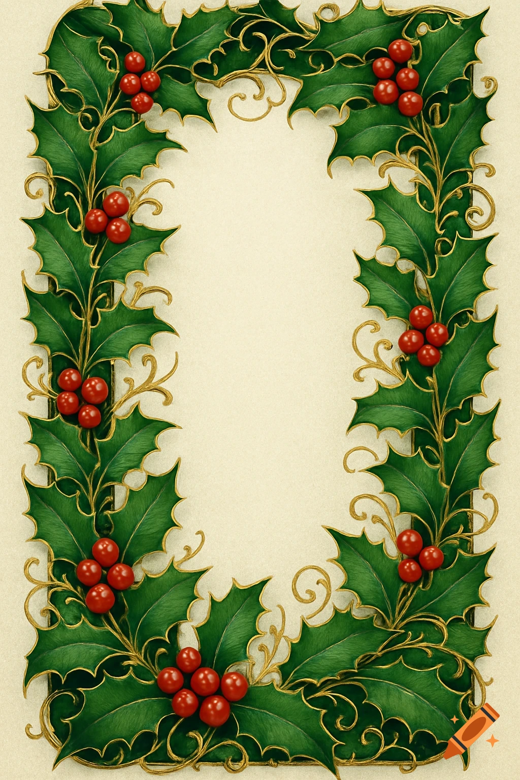 Decorative Christmas frame with green holly leaves, red berries, and intricate golden swirls on an off-white background.