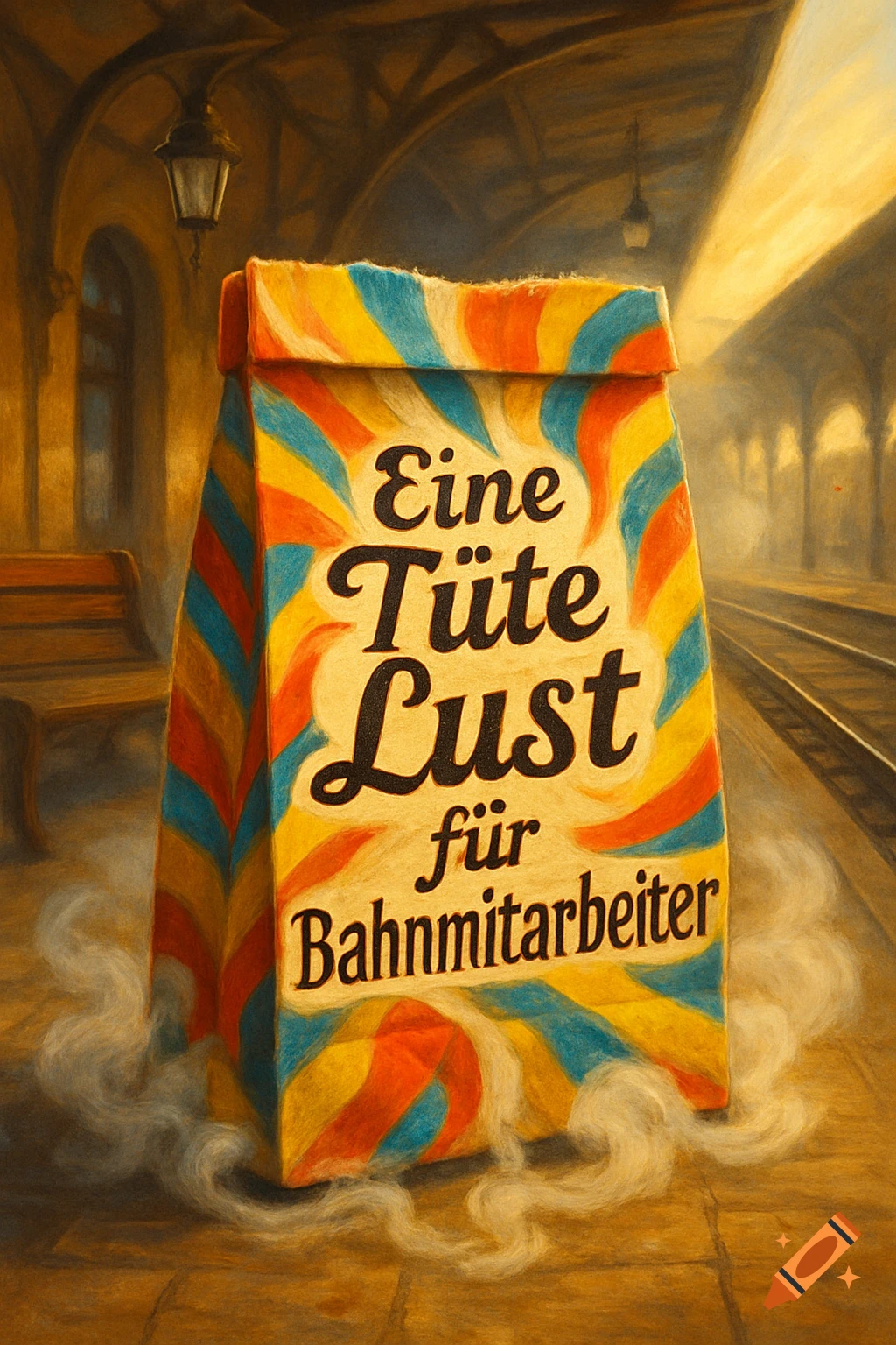 Painterly illustration of a colorful bag with German text 'Eine T üte Lust f ür Bahnmitarbeiter' on a train station platform.