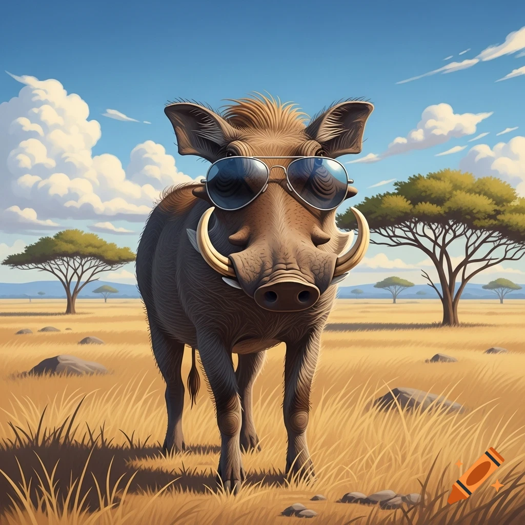 A stylized warthog wearing aviator sunglasses stands in a sunlit African savanna with acacia trees.