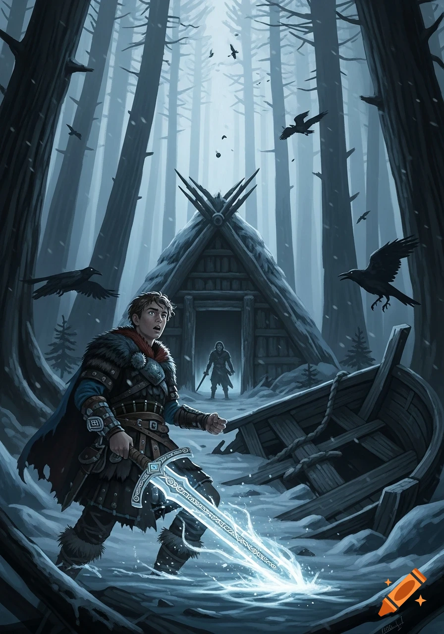 A young warrior with a glowing, intricate sword stands in a snowy, dark ...