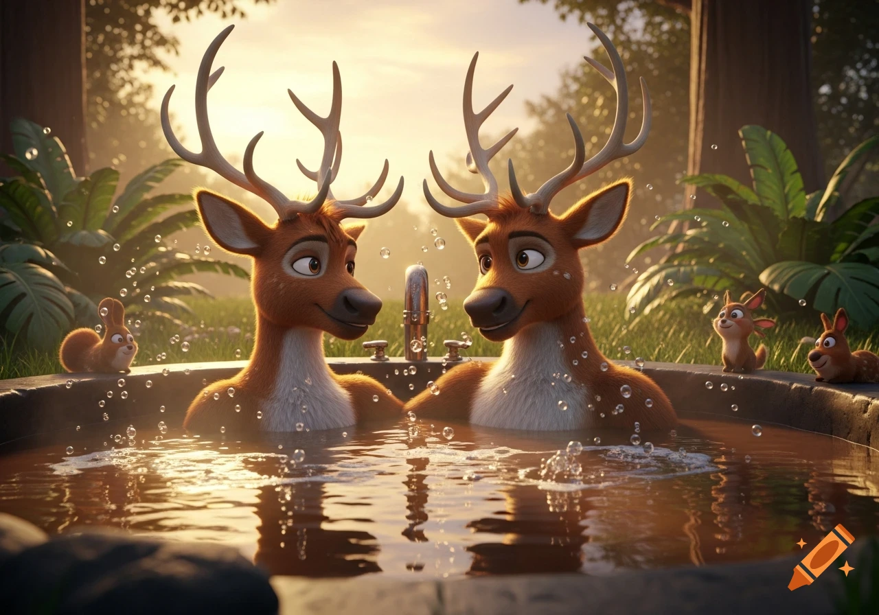 Two anthropomorphic reindeer smiling in a bubbly hot tub, with small animals nearby, in a warm 3D animated style.