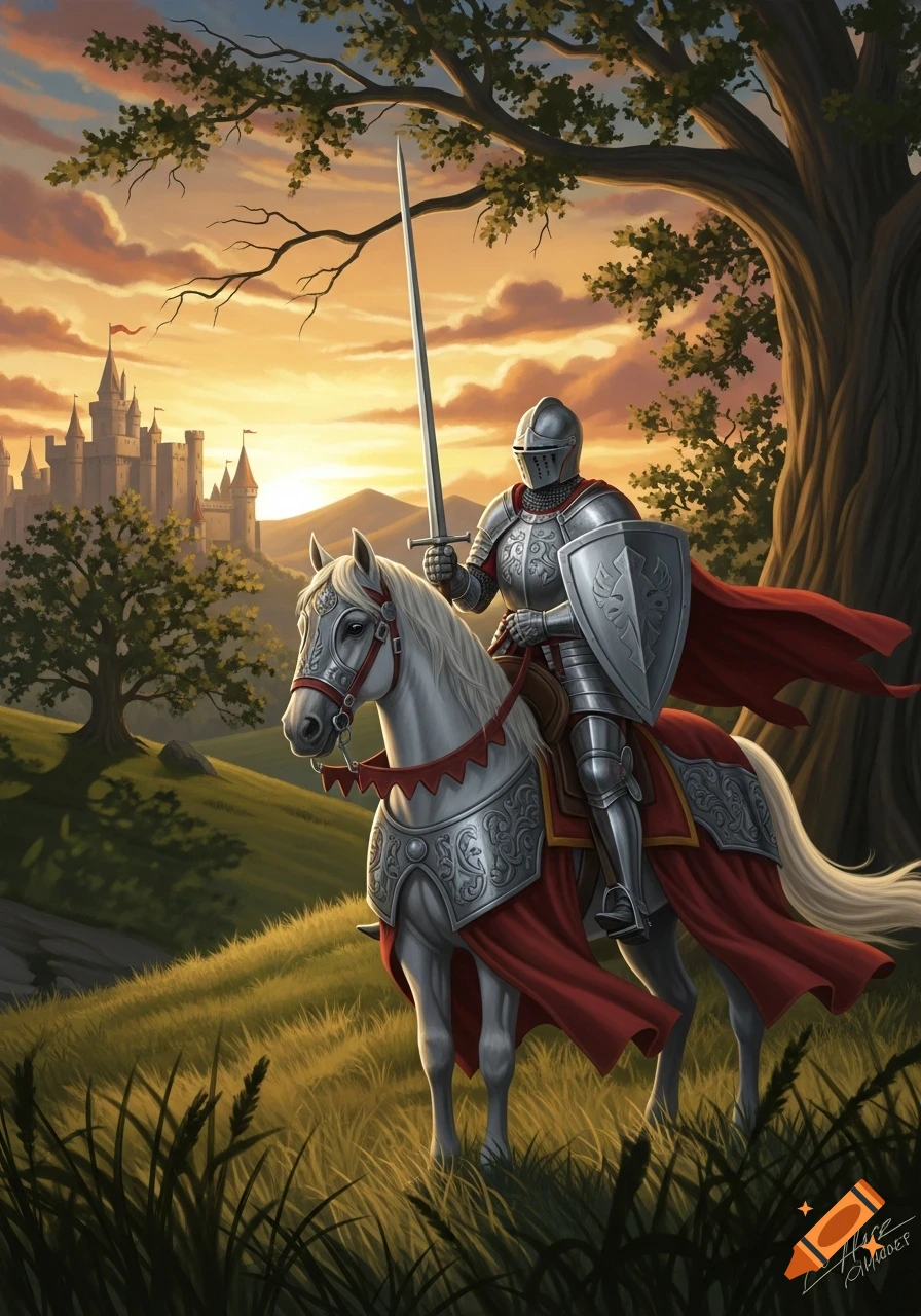 A knight in shining armor rides a white horse, holding a sword and shield, with a castle in the background at sunset.