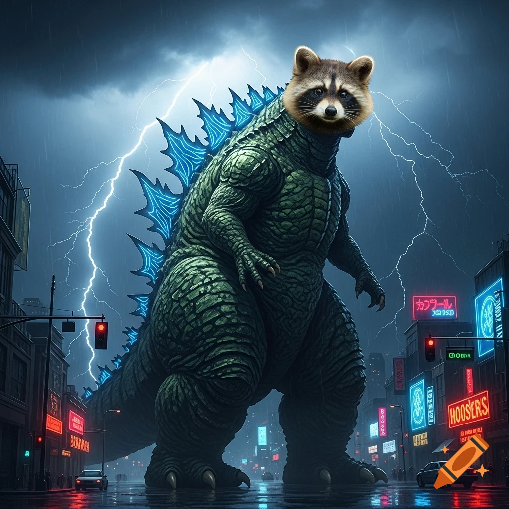A giant green Godzilla-like creature with a raccoon's head stands in a rainy city street with neon signs under a stormy sky with lightning.