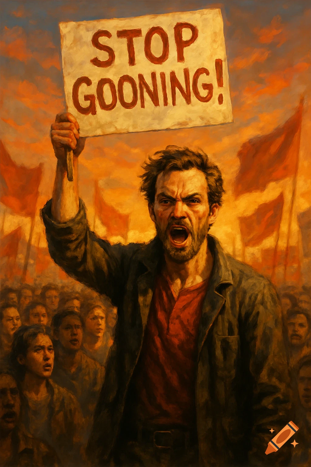 Angry man shouts, holding 'STOP GOONING!' sign at a fiery protest, with a crowd and red flags in a dramatic painting.