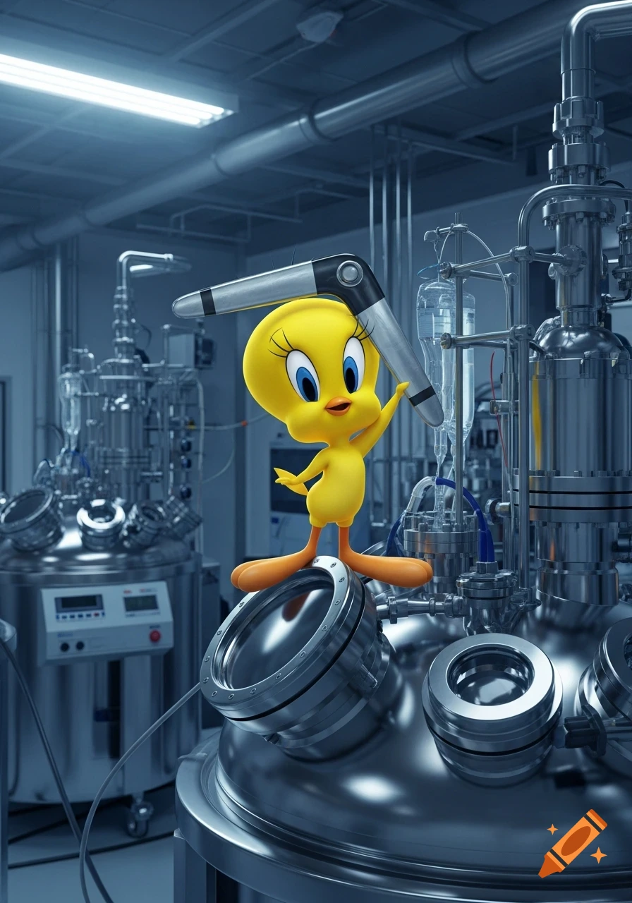 Tweety Bird holding a boomerang, standing on a shiny metal biopharmaceutical reactor in a sterile laboratory.