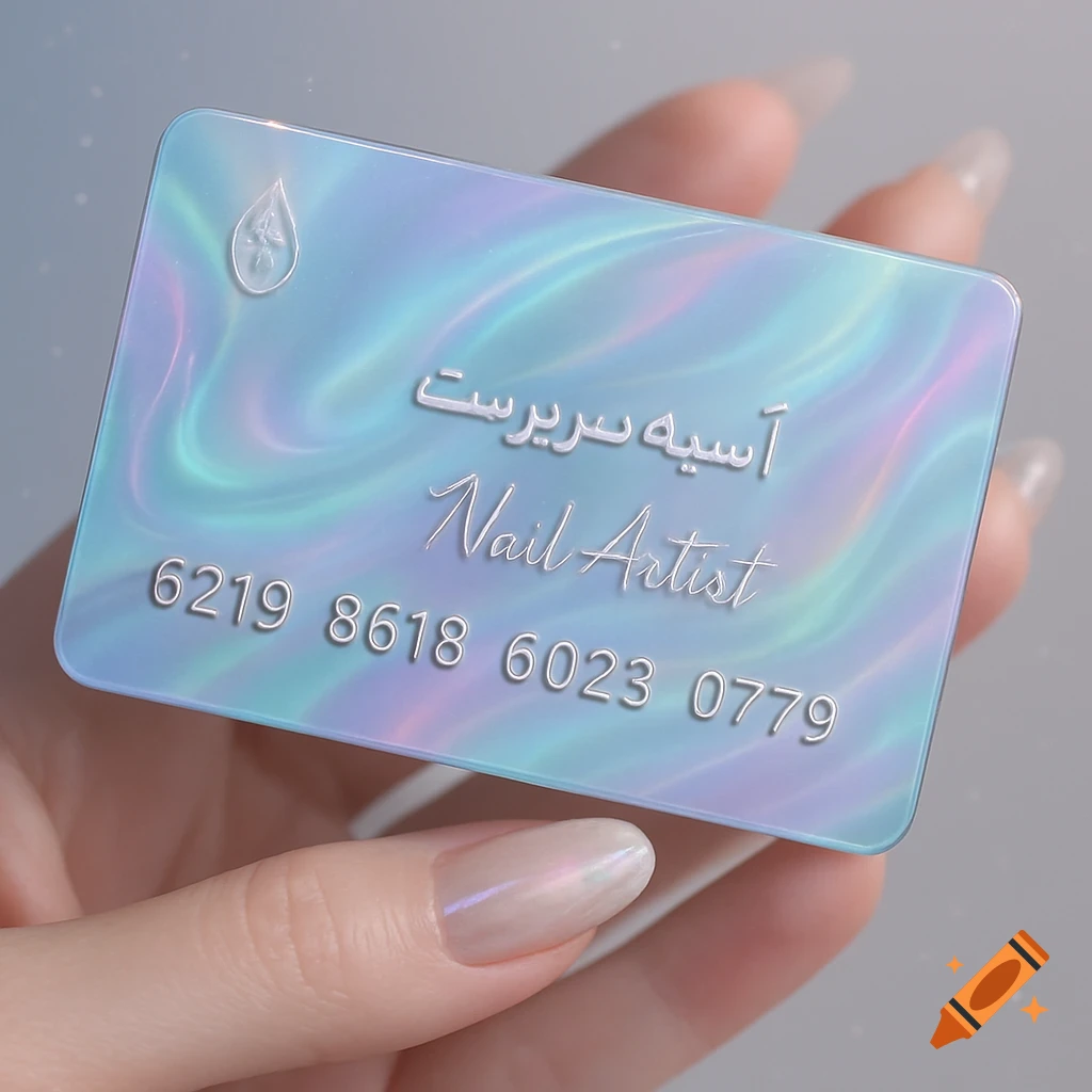 Close-up of a holographic business card for a nail artist, held by a hand with pearlescent nails. The card features Persian text, 'Nail Artist', and numbers, reflecting light.