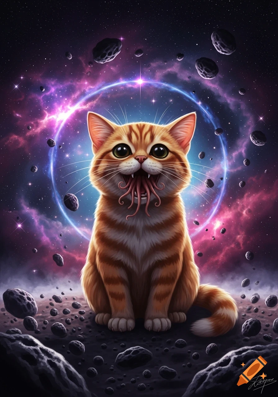 A cute orange tabby cat with tentacles emerging from its mouth sits on asteroids in a vibrant galaxy with nebulae and a glowing ring.