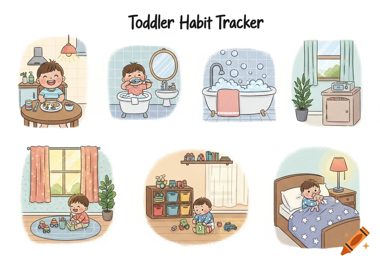 Cartoon illustrations of a toddler's daily habits: eating, brushing teeth, bathing, playing with toys, and sleeping.
