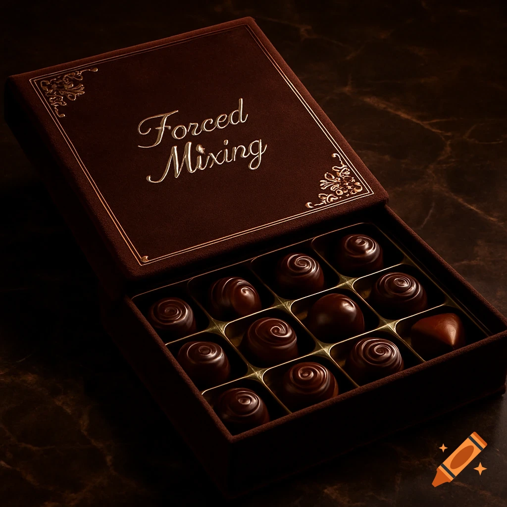 An open brown velvet box filled with dark chocolates, with 'Forced Mixing' written on the lid, on a dark marble surface.
