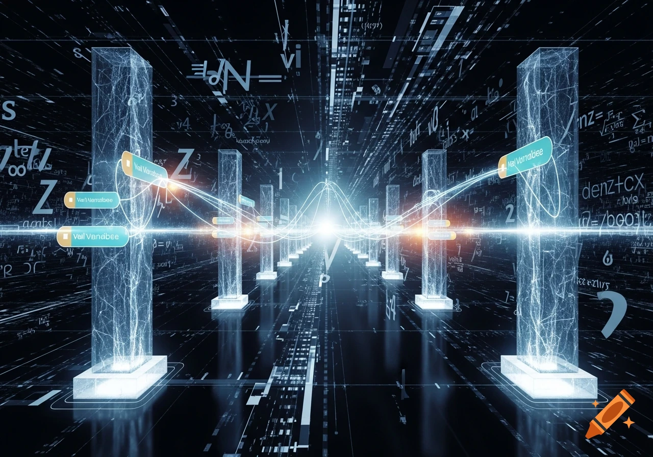 A futuristic digital landscape with glowing translucent pillars, light trails, mathematical symbols, and floating text labels receding into a bright central light.