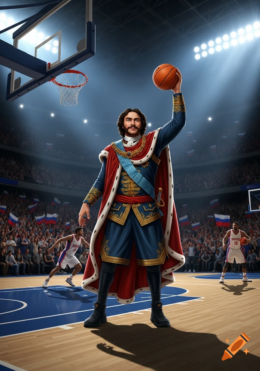 Peter the Great, dressed in royal regalia, holds a basketball on a court in a modern stadium filled with spectators.