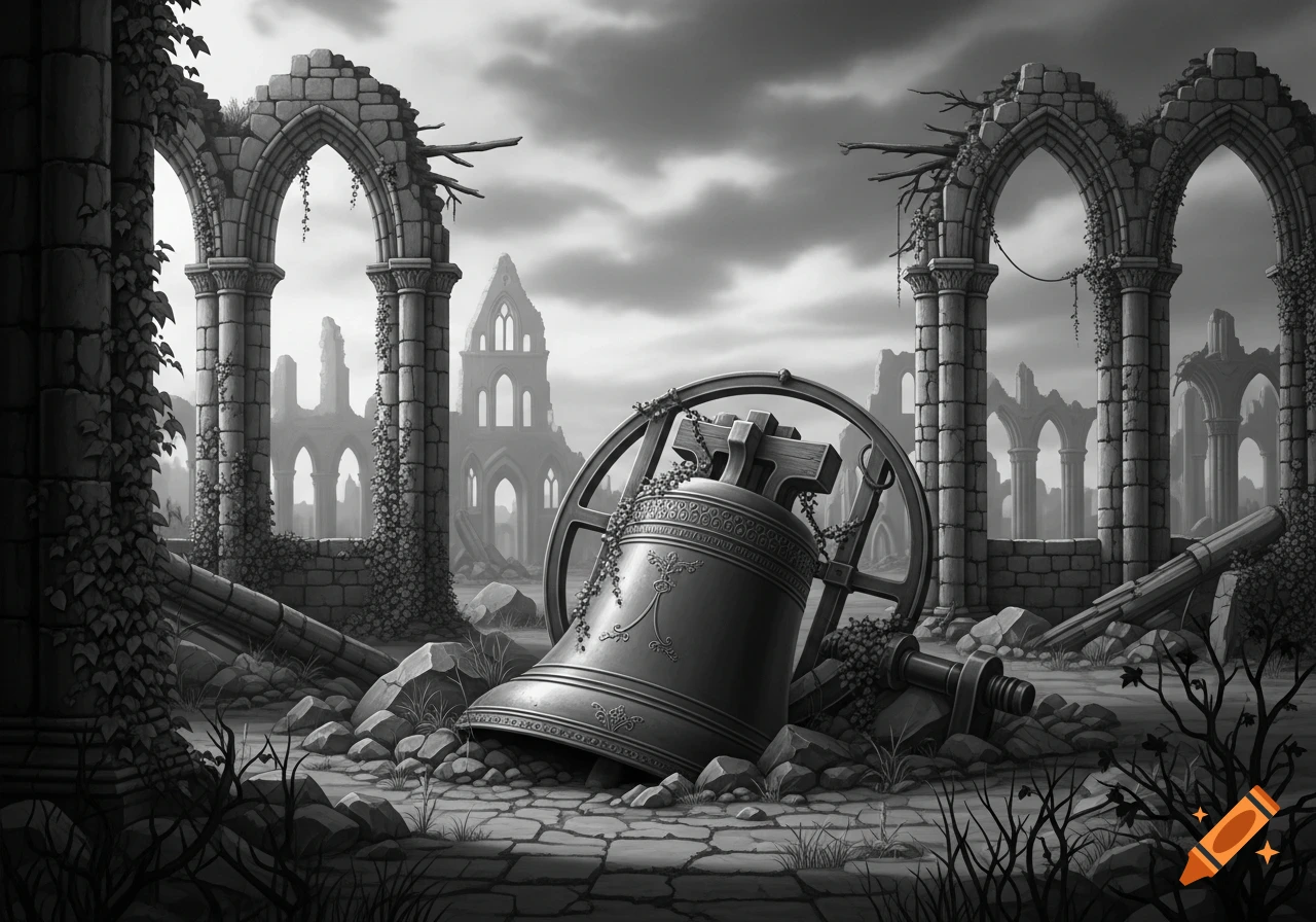 A grayscale illustration of a large church bell lying in rubble amidst ivy-covered gothic ruins under a cloudy sky.