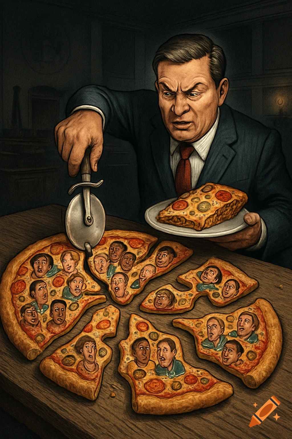 An angry man in a suit cuts a pizza with a pizza cutter; the pizza slices are oddly shaped and contain numerous human faces.