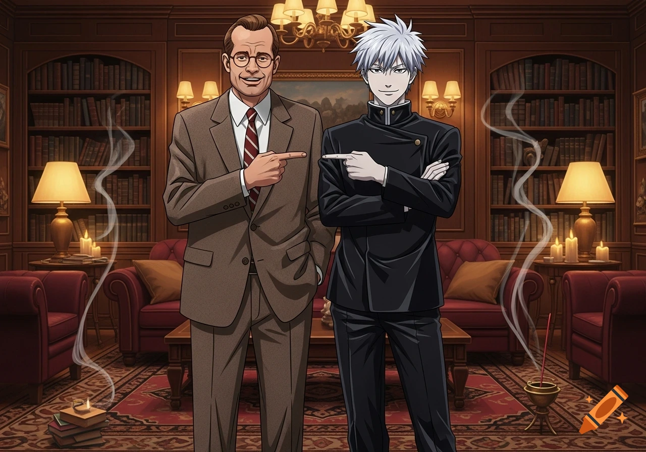 Frasier Crane and Satoru Gojo in anime style, pointing at each other mischievously in a luxurious library.