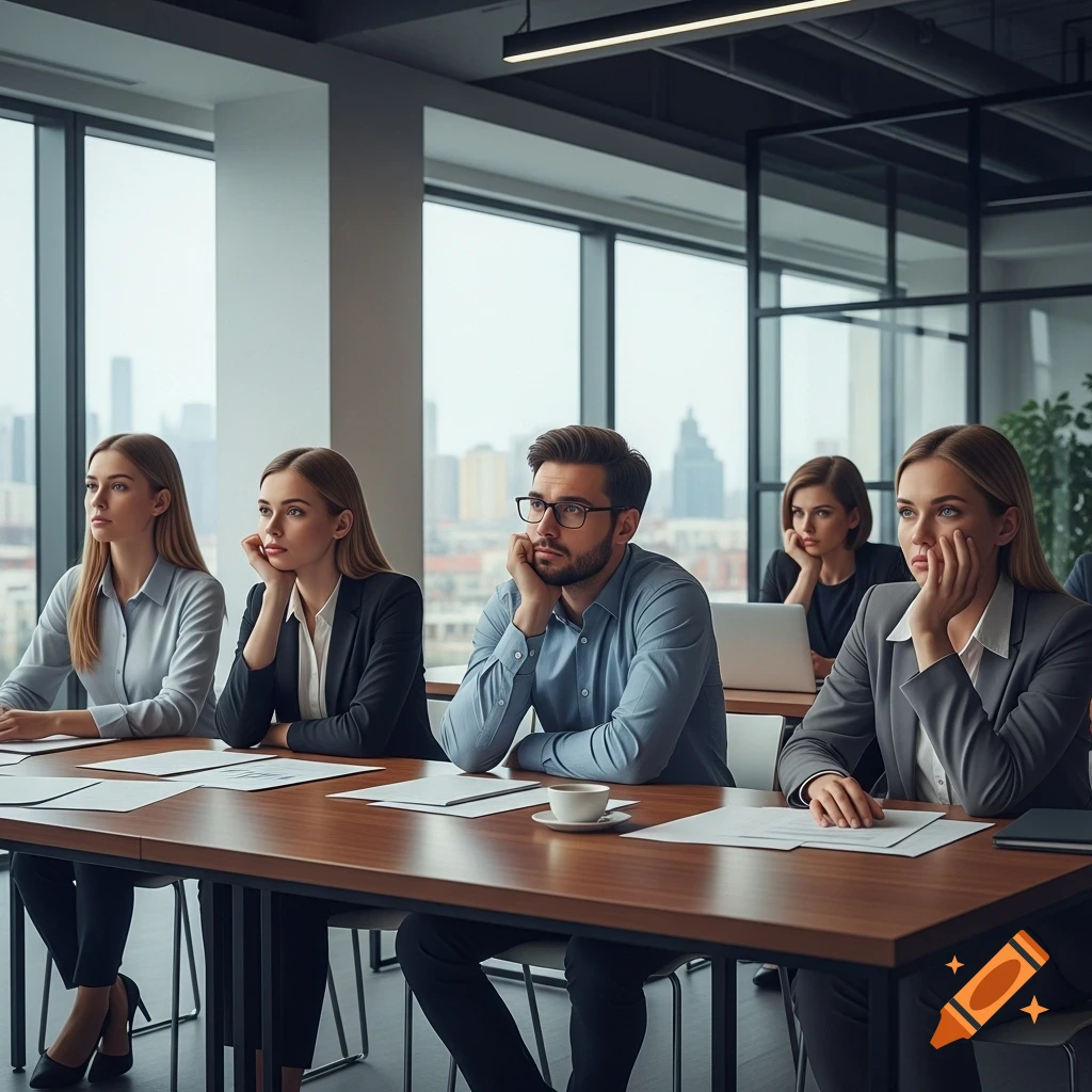 Bored business professionals in a modern office meeting, looking out windows at a city skyline.