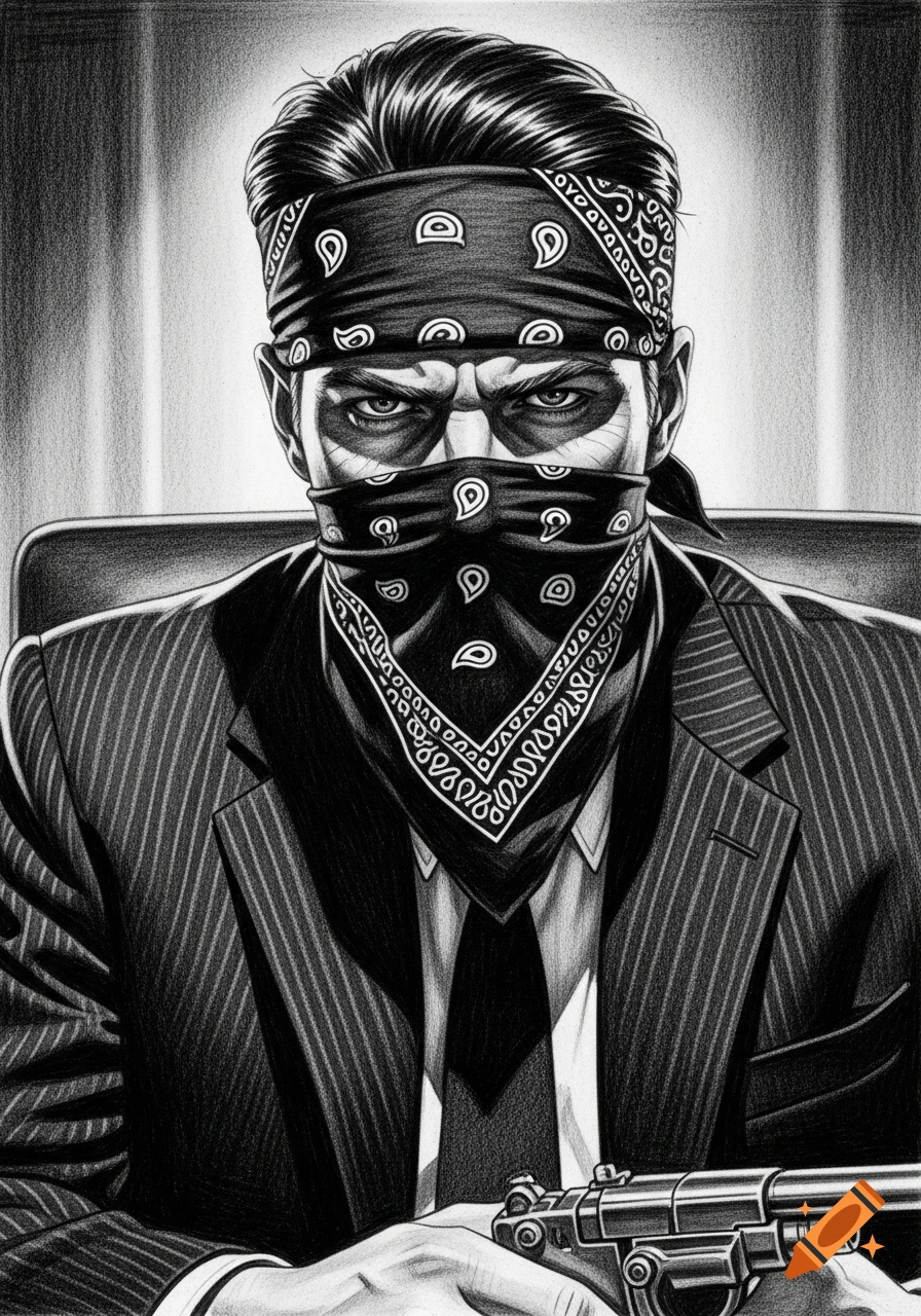 Black and white charcoal drawing of a man in a pinstripe suit and bandana holding a pistol.