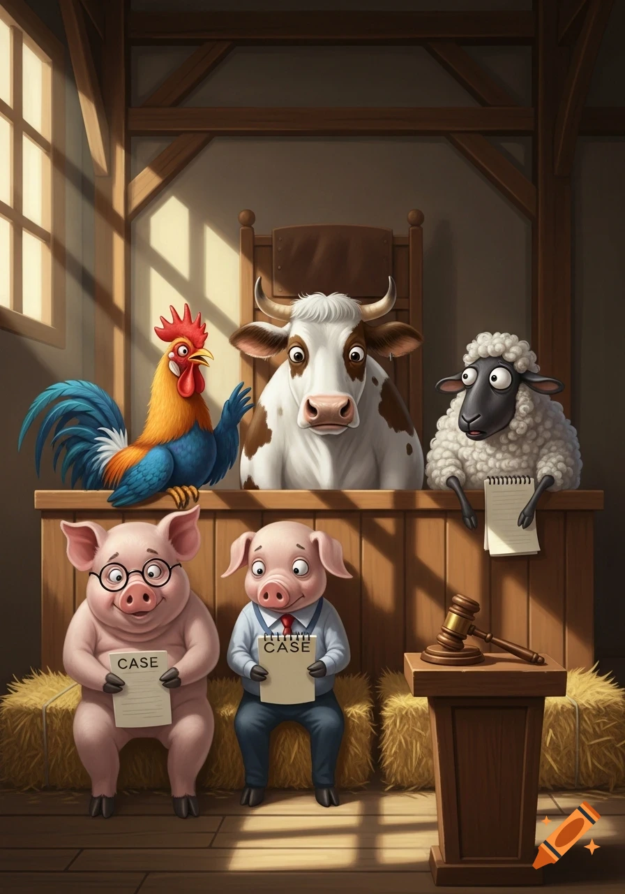 Cartoon farm animals, including pigs, a rooster, a cow, and a sheep, in a rustic courtroom setting, with pigs holding papers labeled 'CASE'.