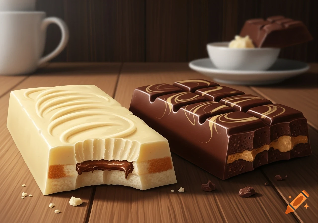 Two bitten chocolate bars, one white with a dark filling and one dark with a lighter filling, rest on a wooden table.