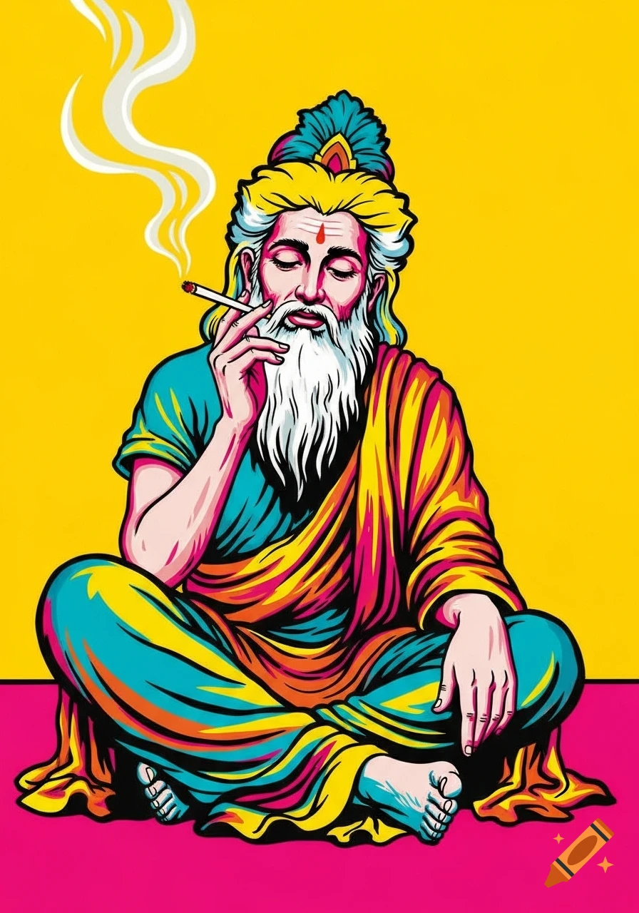 A colorful pop art illustration of a bearded sage in robes, meditating and smoking a cigarette.