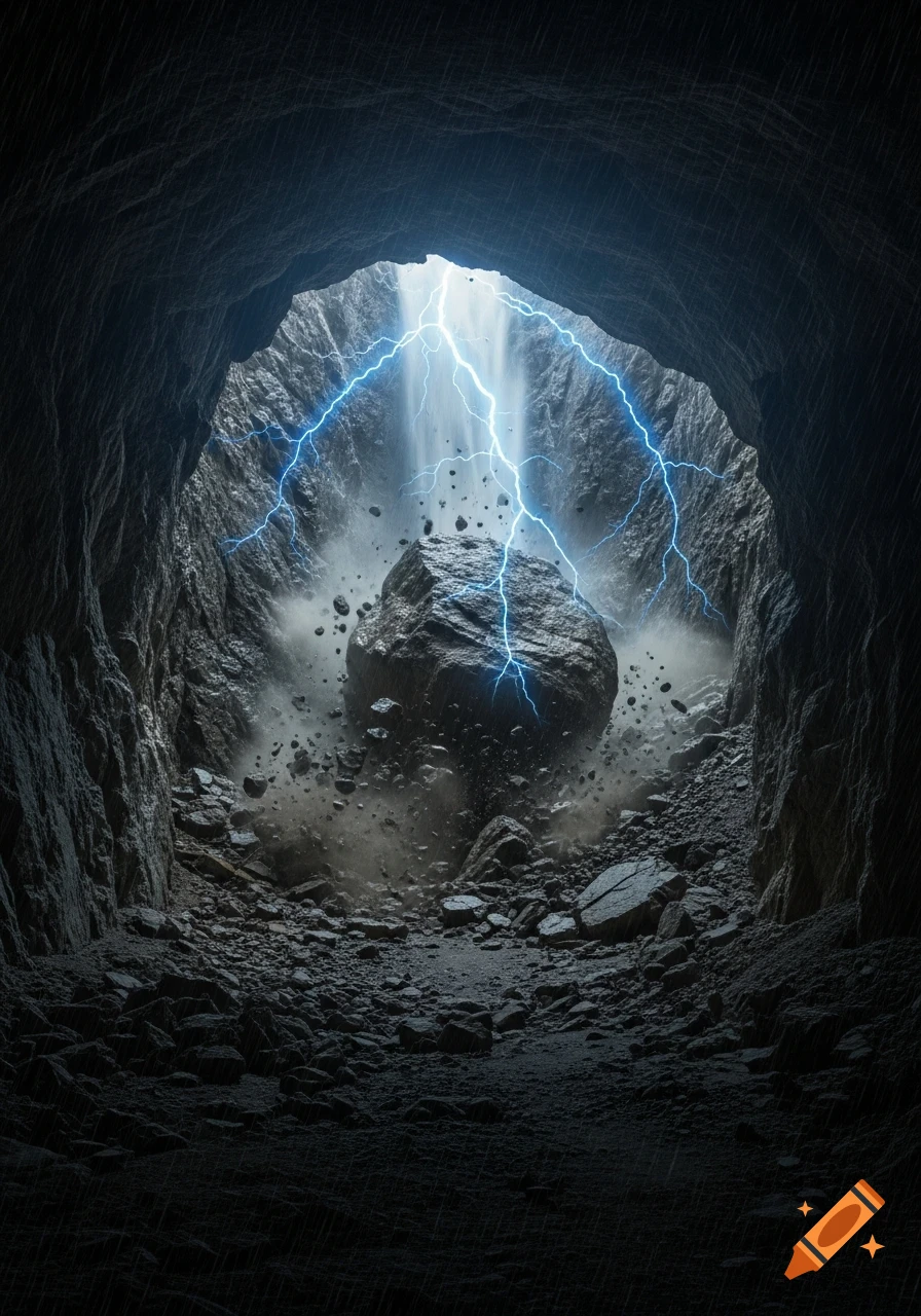 A large boulder falls into a dark cave opening, illuminated by blue lightning bolts and surrounded by falling debris and rain.