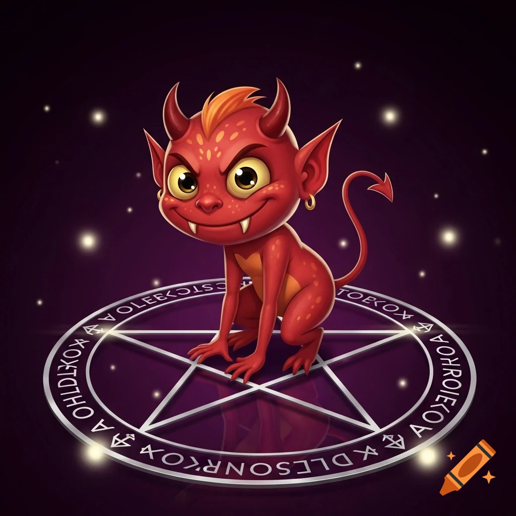 A cute, cartoonish red devil with horns and fangs smiles while sitting on a glowing white pentagram against a dark background.