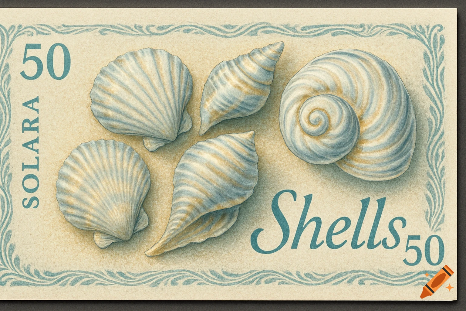 An illustration of a light blue and beige currency note featuring various seashells and the text 'SOLARA 50 Shells 50' with a decorative border.