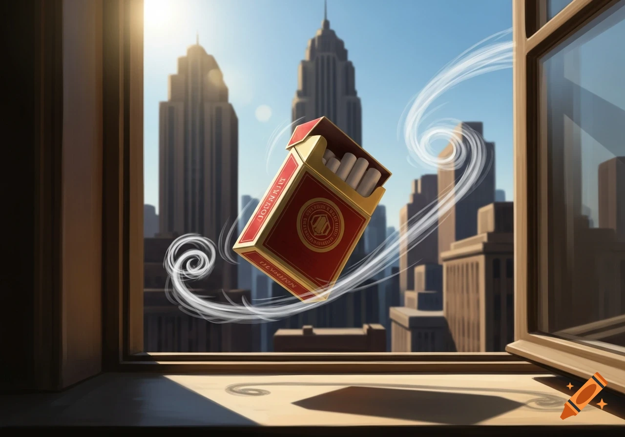 A red and gold cigarette pack floats with swirling white lines from an open window overlooking a city skyline, in an illustrative style.