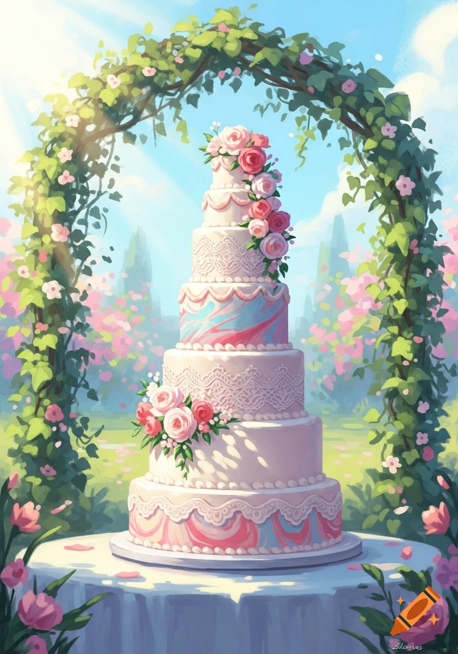 A multi-tiered wedding cake adorned with pink roses and lace details stands under a leafy archway in a sunny garden, painted in an illustrative style.