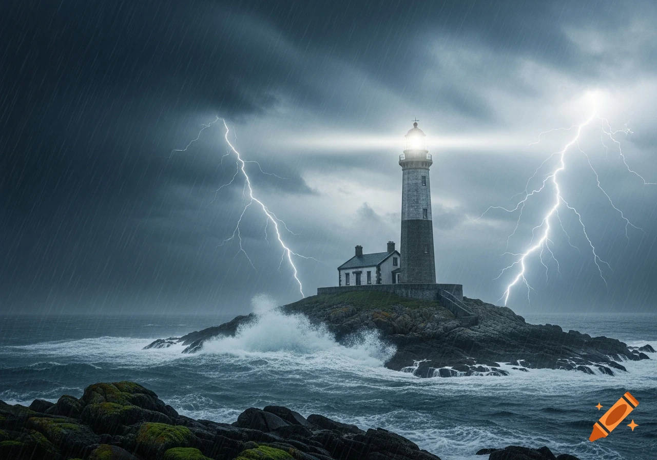 Photorealistic image of a lighthouse on a rocky island in the ocean during a severe thunderstorm with heavy rain and lightning.