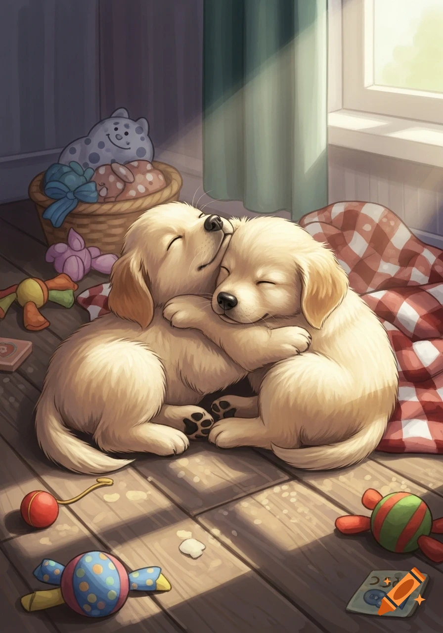 Two cute golden retriever puppies hug while sleeping on a wooden floor in a sunlit room, surrounded by toys. Illustrated style.