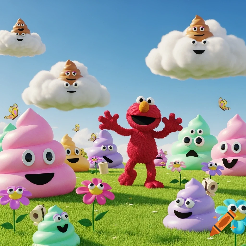 Elmo smiles in a grassy field surrounded by colorful, smiling poop emojis and clouds with poop emojis under a blue sky.