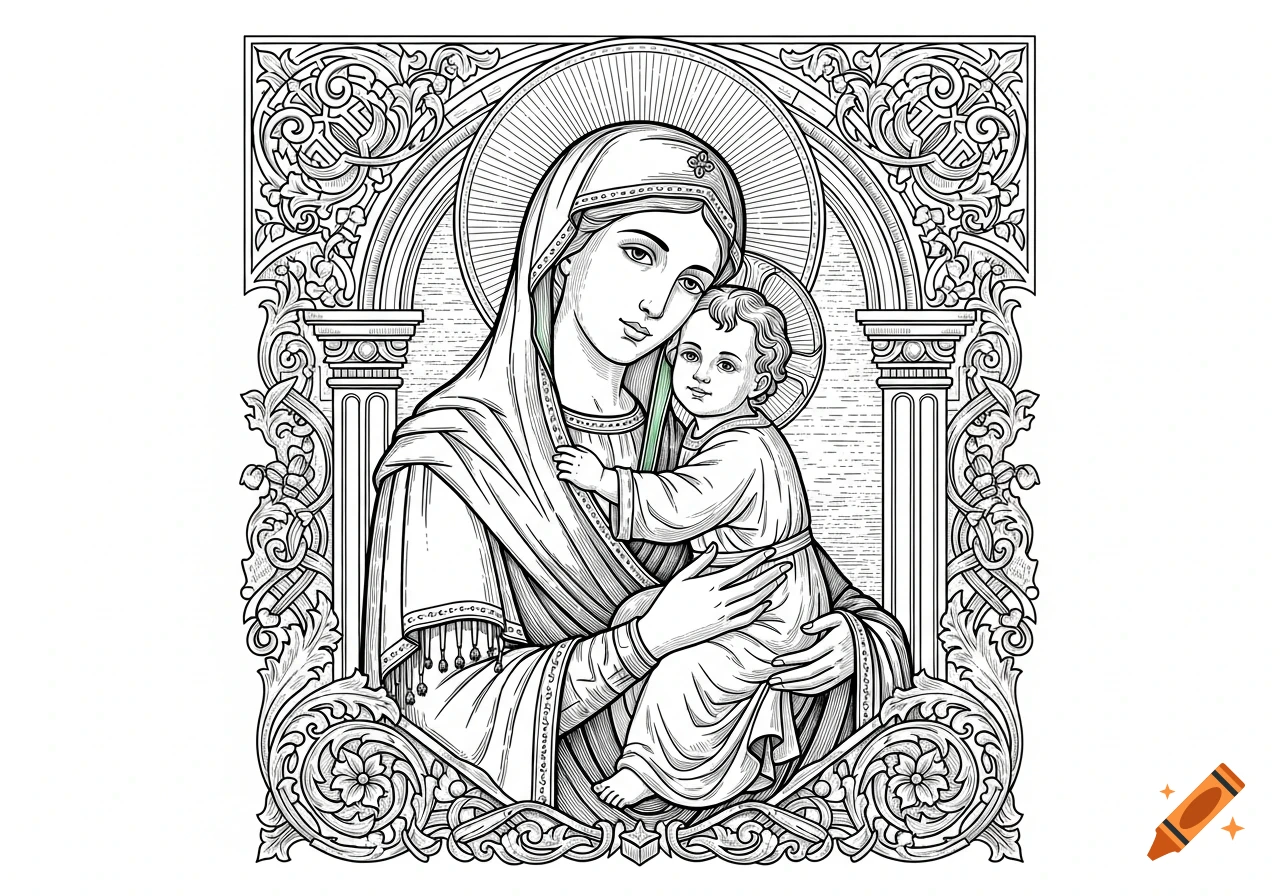 Black and white line art engraving of the Virgin Mary hugging a child, framed by ornate church motifs and columns.