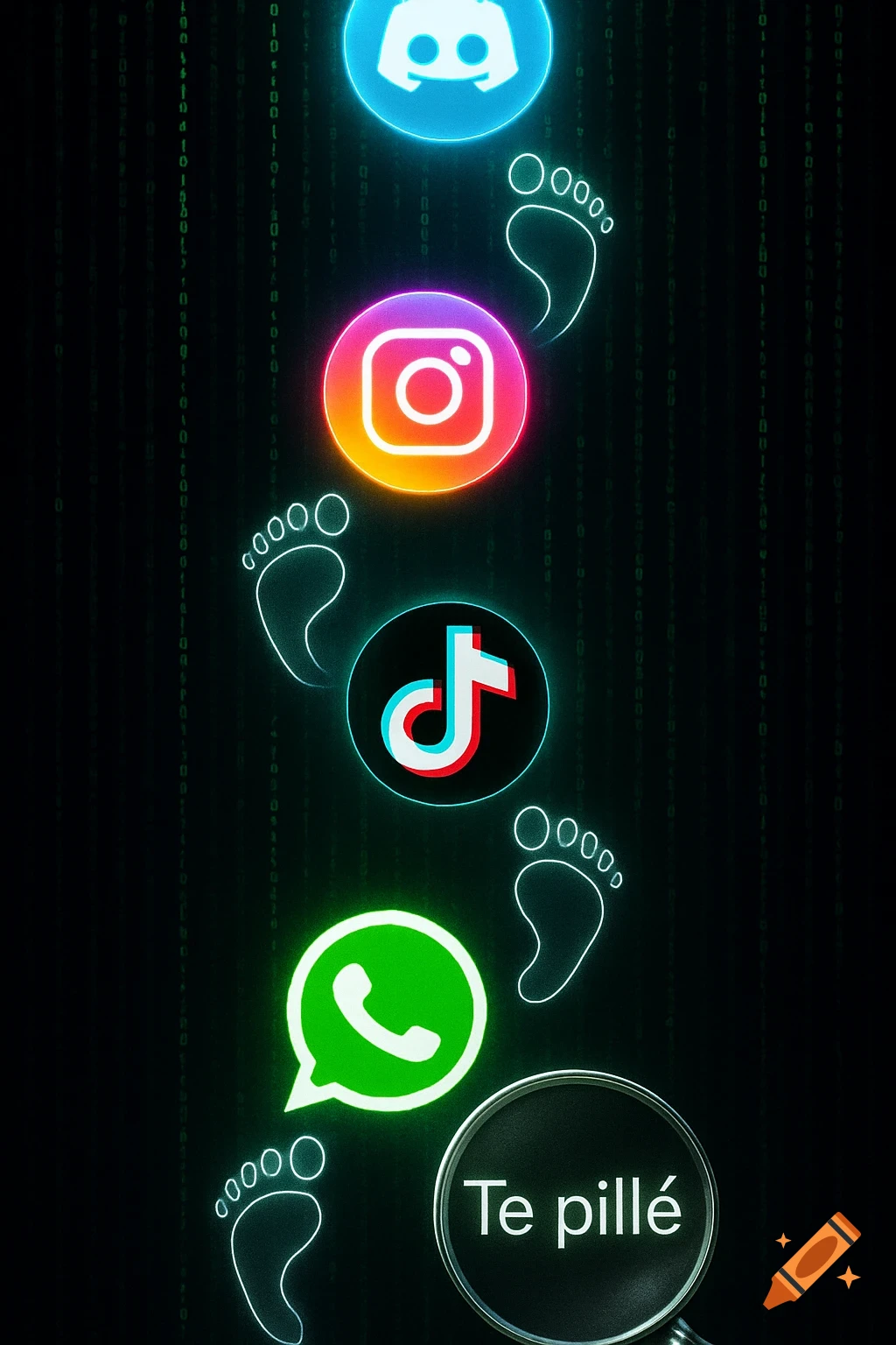 Social media logos and digital footprints on a matrix background, with a magnifying glass highlighting 'Te pill '.