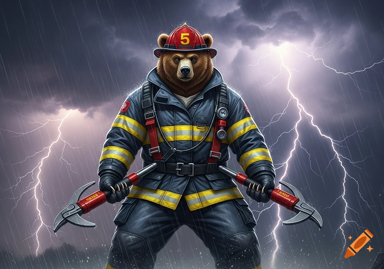 A powerful anthropomorphic bear firefighter in gear holding extrication tools under a stormy sky with lightning and rain.