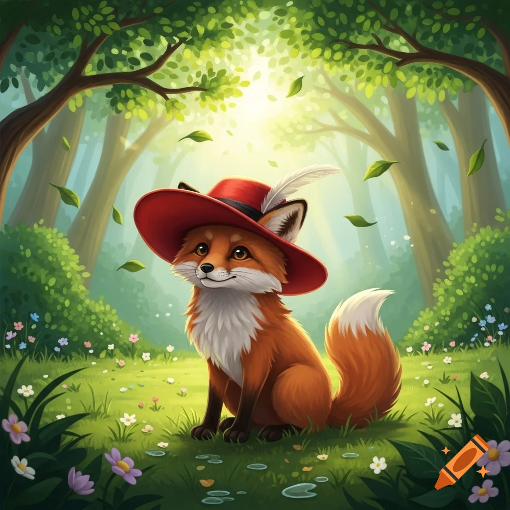 A cute cartoon fox with a red feathered hat sits smiling in a sun-dappled forest clearing filled with green foliage and small flowers.