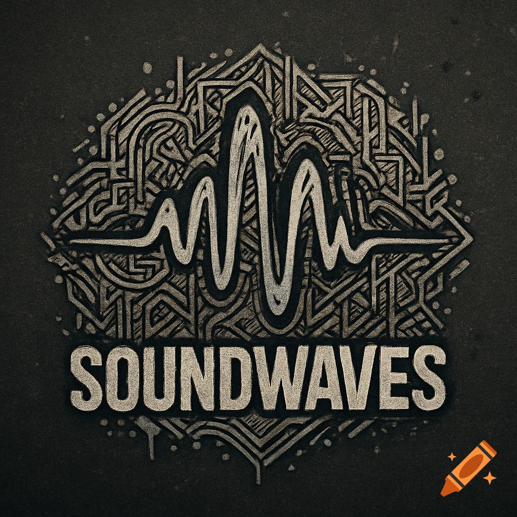 A dark, textured logo features a stylized soundwave above an intricate abstract pattern, with the text "SOUNDWAVES" below.