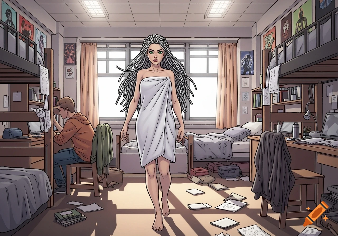 Marvel comic style art of a young woman with long dreadlocks and green eyes, wrapped in a white towel, walking through a messy dorm room.