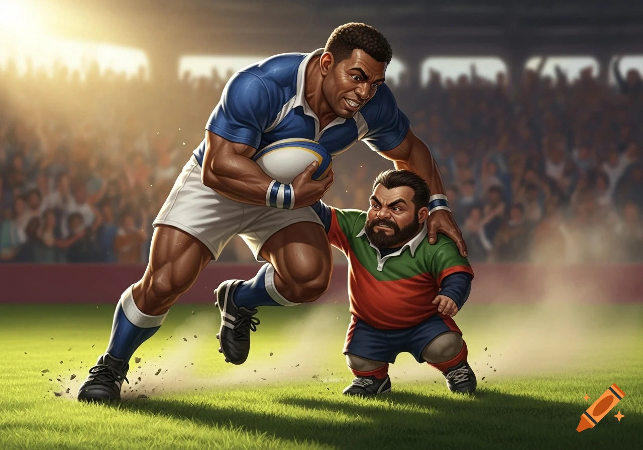 Stylized illustration of a muscular rugby player running with a ball as a smaller bearded player attempts a tackle on a sunny field.