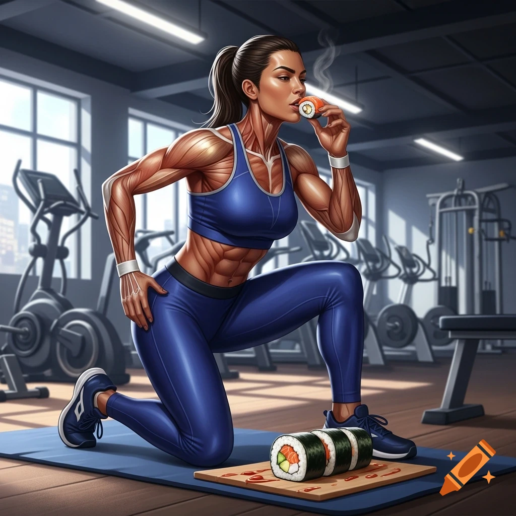 A stylized, highly muscular woman with visible muscle anatomy kneels on a mat in a gym, eating a piece of sushi.