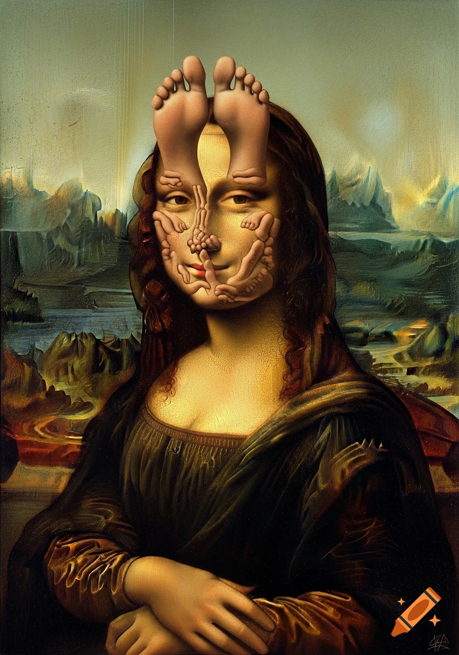 A surreal painting of the Mona Lisa whose face is composed of many small feet and hands, with feet atop her head.